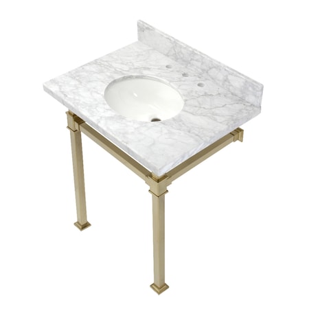 Kingston Brass KVPB30MOQ7 30-Inch Carrara Marble Console Sink, Marble White/Brushed Brass KVPB30MOQ7